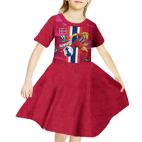 Personalized Norway Football Kid Short Sleeve Dress Viking Lion Soccer Mascot - Nordic Longship And Mountain Landscape