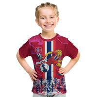 Personalized Norway Football Kid T Shirt Viking Lion Soccer Mascot - Nordic Longship And Mountain Landscape