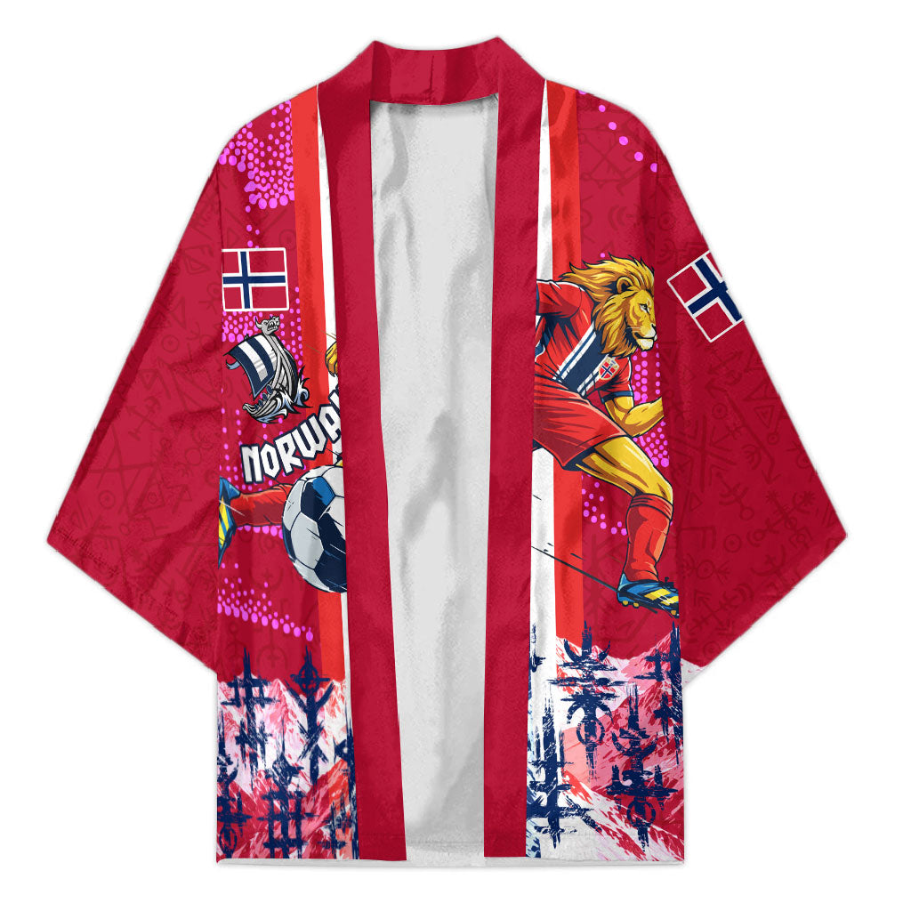 Personalized Norway Football Kimono Viking Lion Soccer Mascot - Nordic Longship And Mountain Landscape