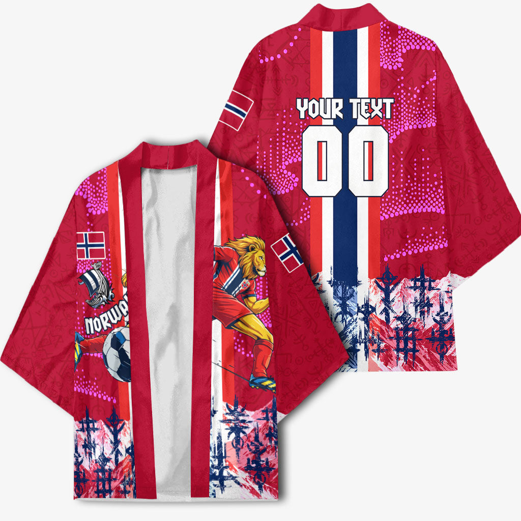 Personalized Norway Football Kimono Viking Lion Soccer Mascot - Nordic Longship And Mountain Landscape