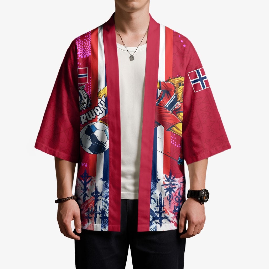 Personalized Norway Football Kimono Viking Lion Soccer Mascot - Nordic Longship And Mountain Landscape
