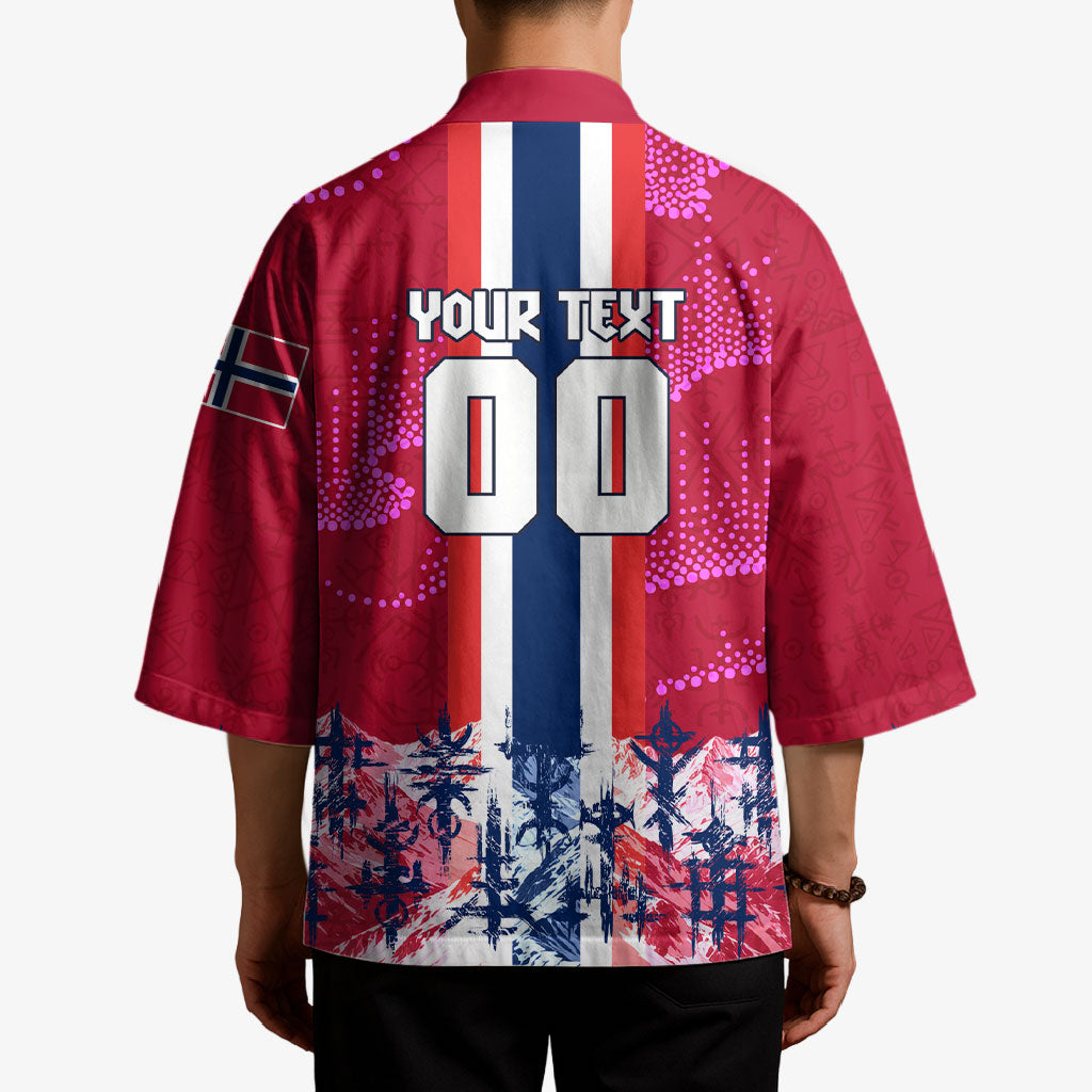 Personalized Norway Football Kimono Viking Lion Soccer Mascot - Nordic Longship And Mountain Landscape