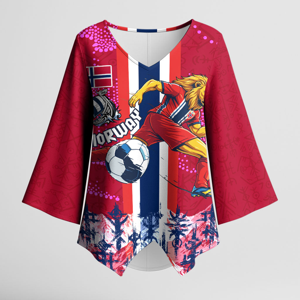 Personalized Norway Football Kimono Sleeve Blouse Viking Lion Soccer Mascot - Nordic Longship And Mountain Landscape