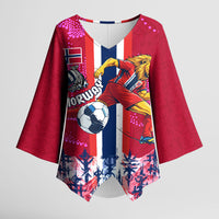 Personalized Norway Football Kimono Sleeve Blouse Viking Lion Soccer Mascot - Nordic Longship And Mountain Landscape