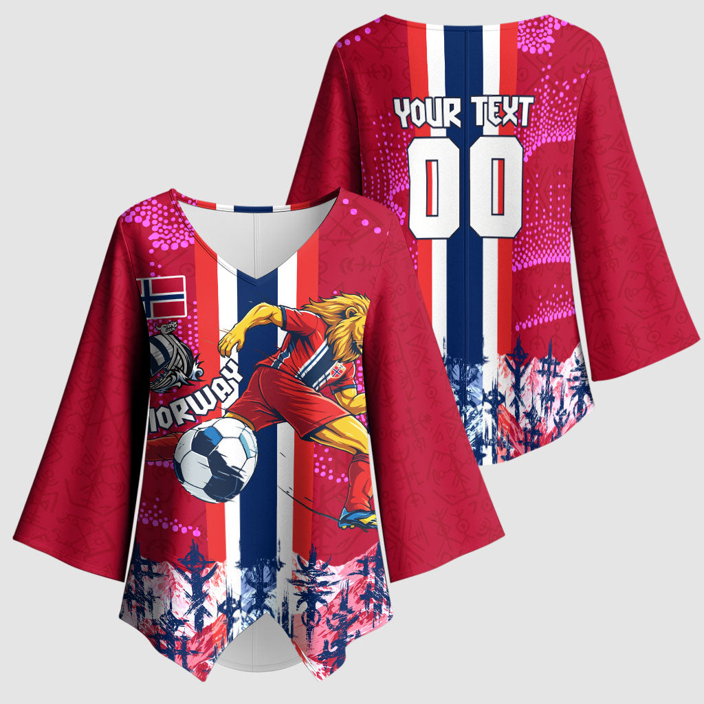 Personalized Norway Football Kimono Sleeve Blouse Viking Lion Soccer Mascot - Nordic Longship And Mountain Landscape