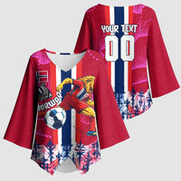 Personalized Norway Football Kimono Sleeve Blouse Viking Lion Soccer Mascot - Nordic Longship And Mountain Landscape