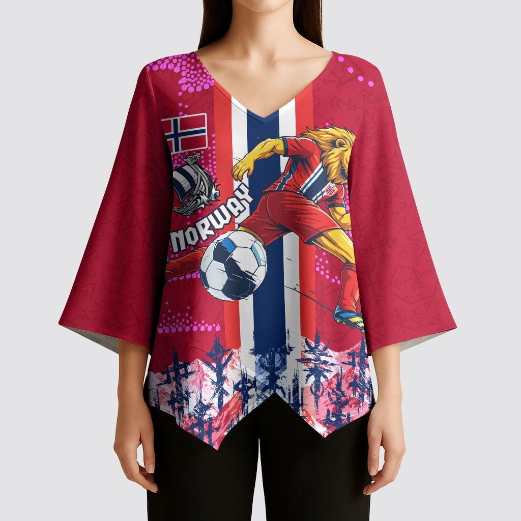 Personalized Norway Football Kimono Sleeve Blouse Viking Lion Soccer Mascot - Nordic Longship And Mountain Landscape