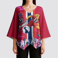 Personalized Norway Football Kimono Sleeve Blouse Viking Lion Soccer Mascot - Nordic Longship And Mountain Landscape