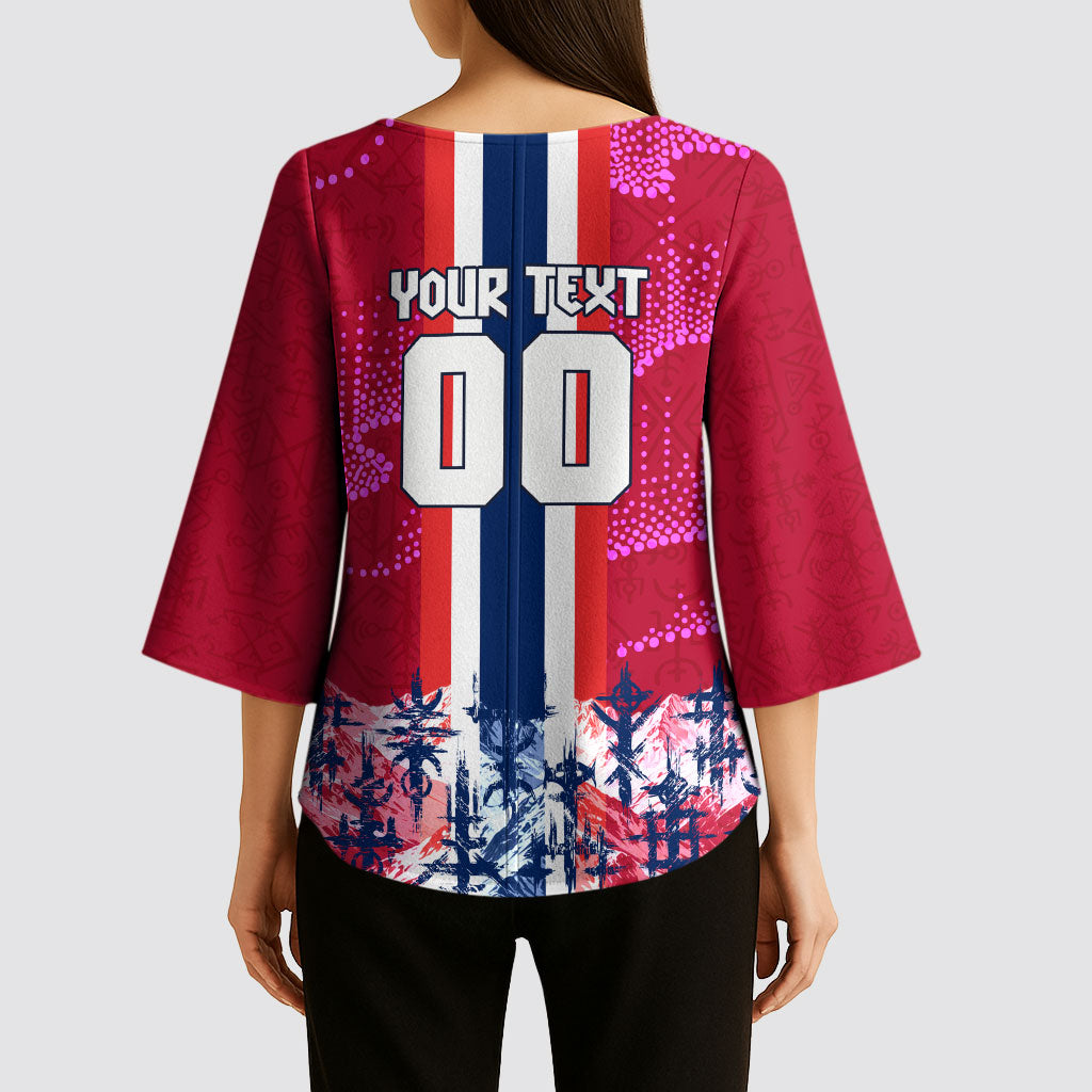 Personalized Norway Football Kimono Sleeve Blouse Viking Lion Soccer Mascot - Nordic Longship And Mountain Landscape
