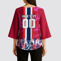 Personalized Norway Football Kimono Sleeve Blouse Viking Lion Soccer Mascot - Nordic Longship And Mountain Landscape