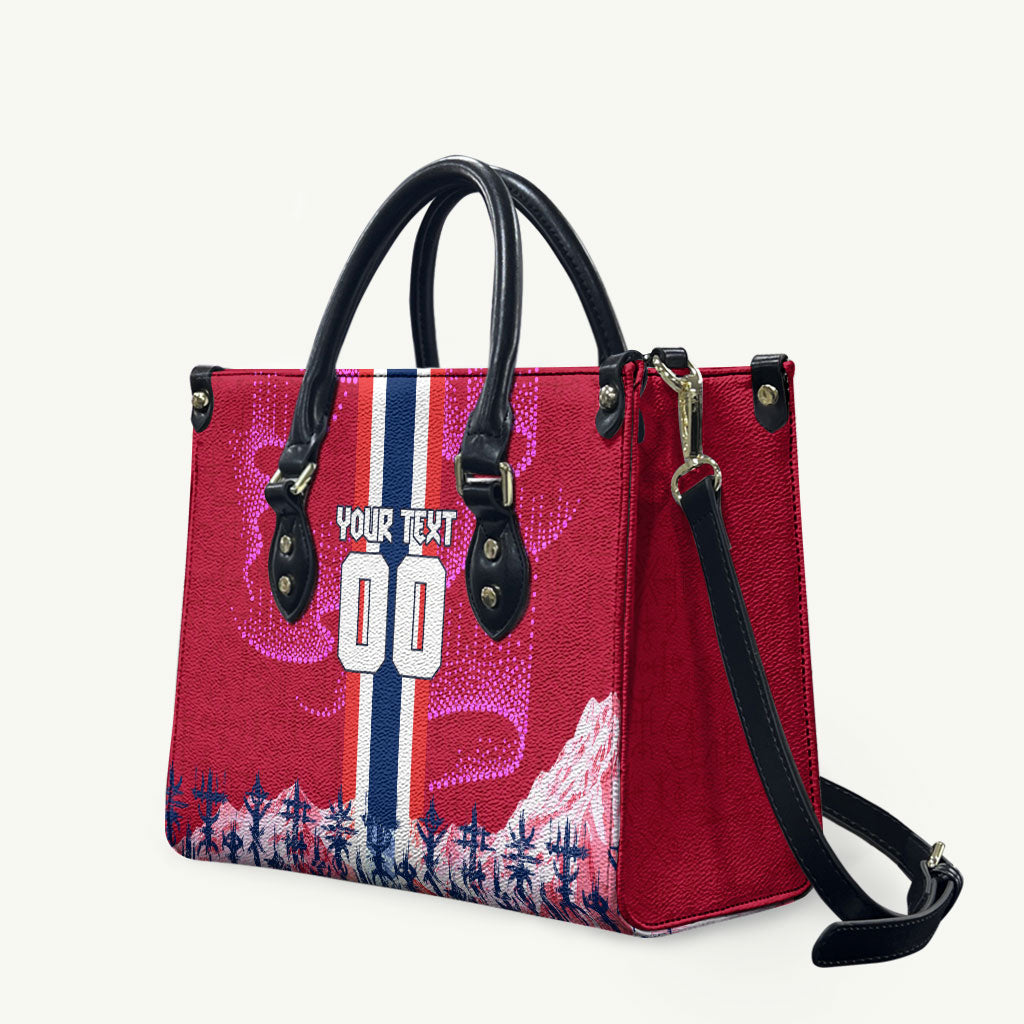 Personalized Norway Football Leather Bag Viking Lion Soccer Mascot - Nordic Longship And Mountain Landscape