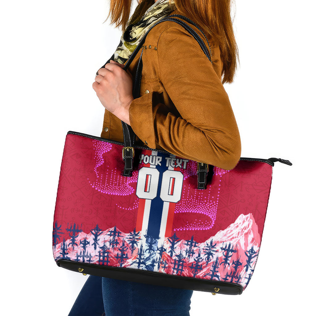 Personalized Norway Football Leather Tote Bag Viking Lion Soccer Mascot - Nordic Longship And Mountain Landscape