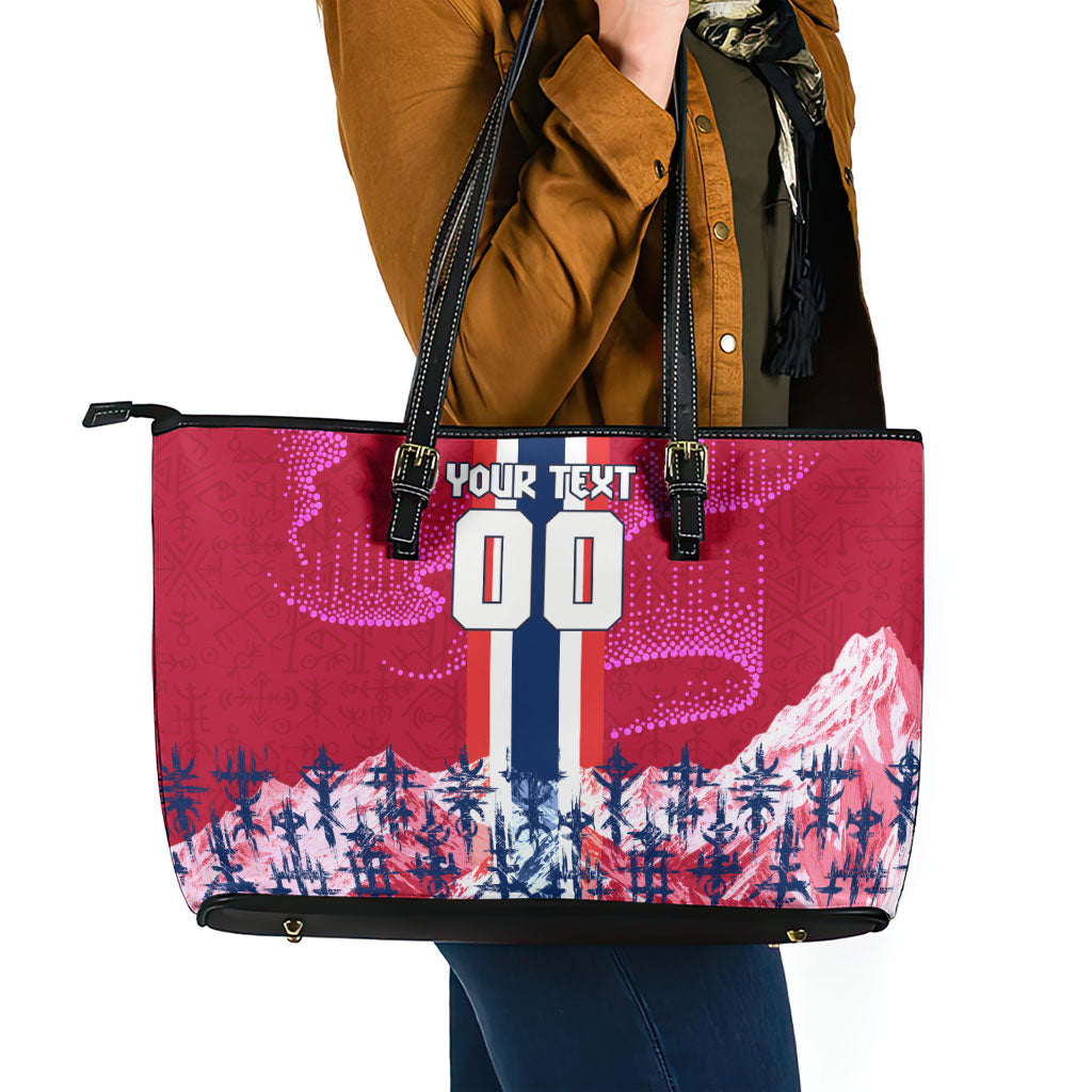 Personalized Norway Football Leather Tote Bag Viking Lion Soccer Mascot - Nordic Longship And Mountain Landscape
