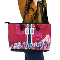 Personalized Norway Football Leather Tote Bag Viking Lion Soccer Mascot - Nordic Longship And Mountain Landscape