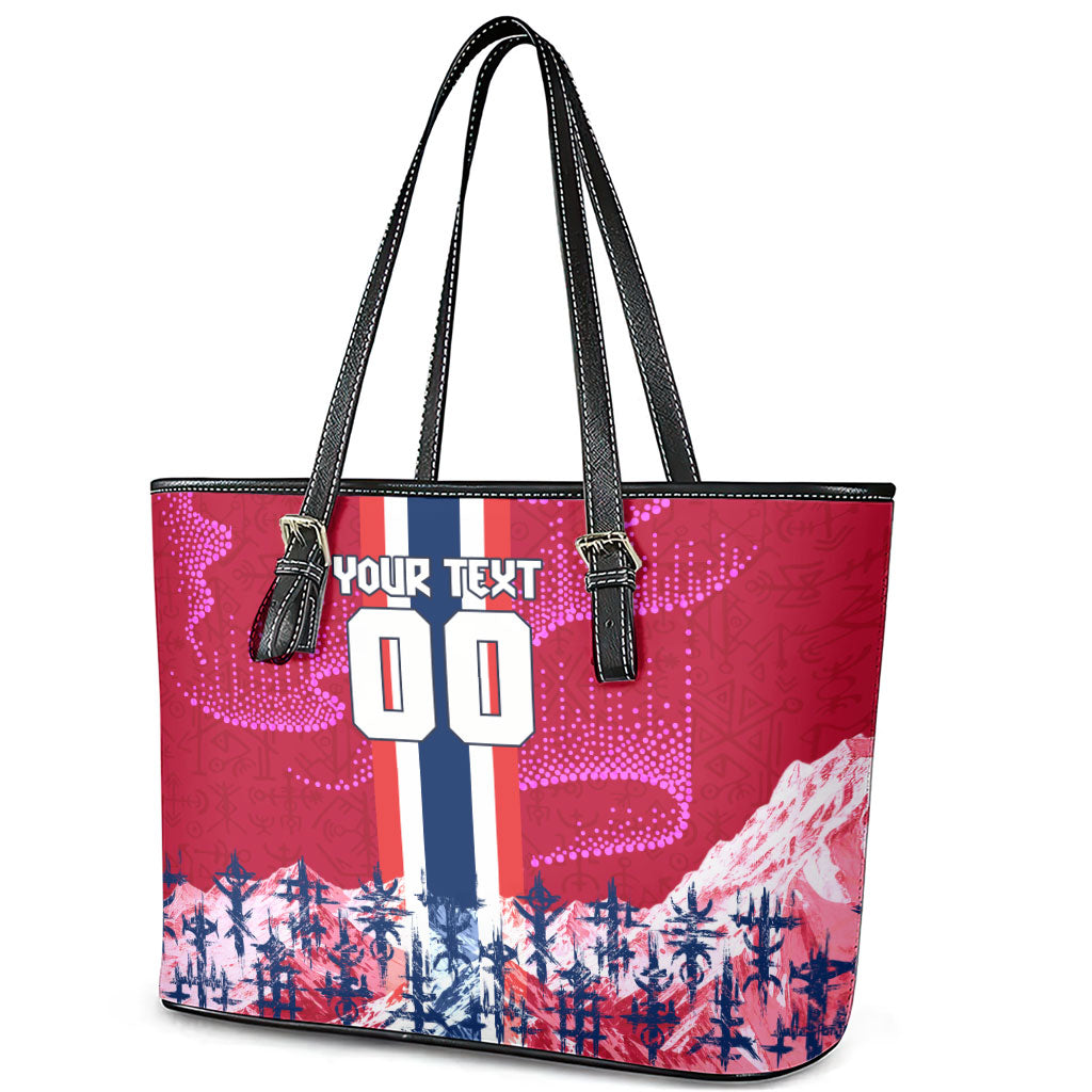 Personalized Norway Football Leather Tote Bag Viking Lion Soccer Mascot - Nordic Longship And Mountain Landscape