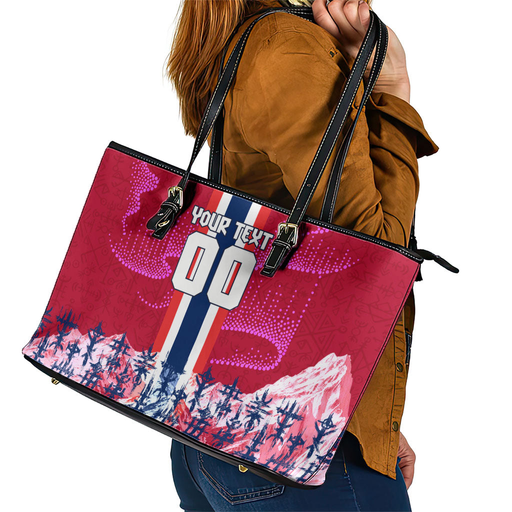 Personalized Norway Football Leather Tote Bag Viking Lion Soccer Mascot - Nordic Longship And Mountain Landscape