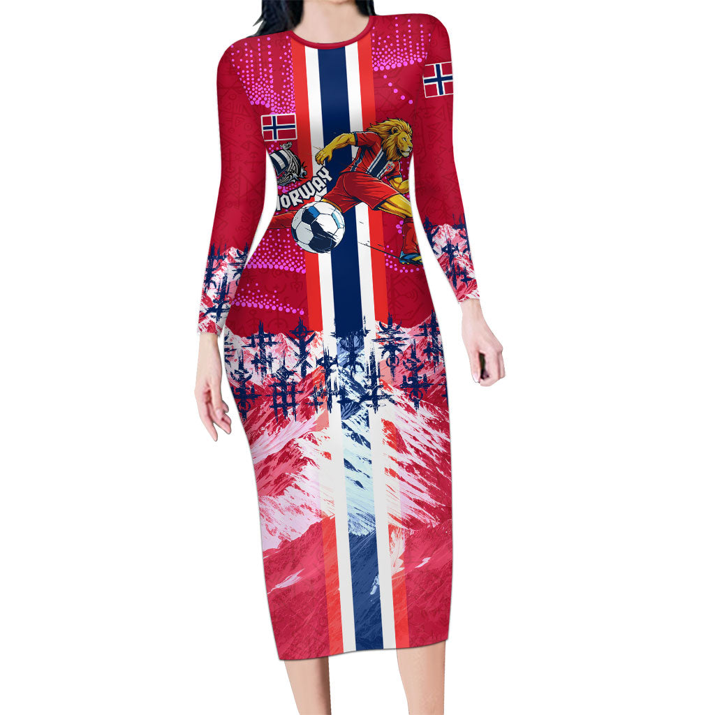 Personalized Norway Football Long Sleeve Bodycon Dress Viking Lion Soccer Mascot - Nordic Longship And Mountain Landscape