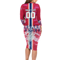 Personalized Norway Football Long Sleeve Bodycon Dress Viking Lion Soccer Mascot - Nordic Longship And Mountain Landscape