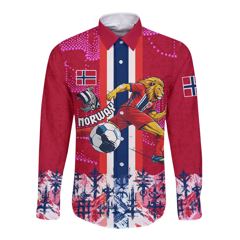 Personalized Norway Football Long Sleeve Button Shirt Viking Lion Soccer Mascot - Nordic Longship And Mountain Landscape