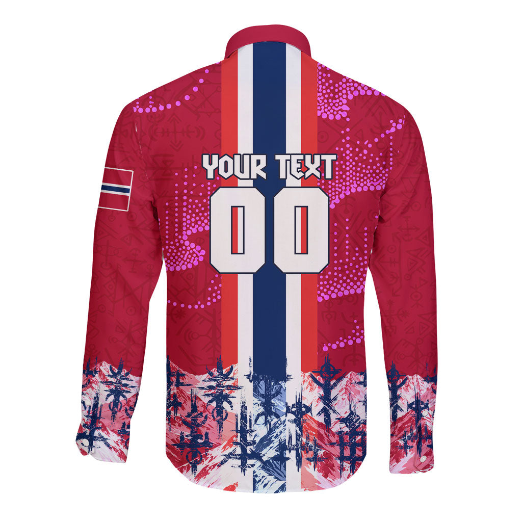 Personalized Norway Football Long Sleeve Button Shirt Viking Lion Soccer Mascot - Nordic Longship And Mountain Landscape