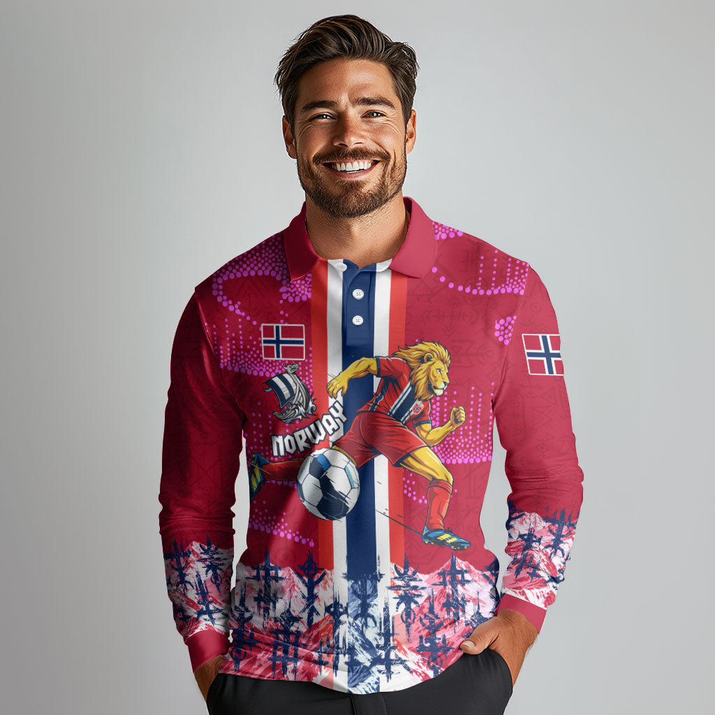 Personalized Norway Football Long Sleeve Polo Shirt Viking Lion Soccer Mascot - Nordic Longship And Mountain Landscape