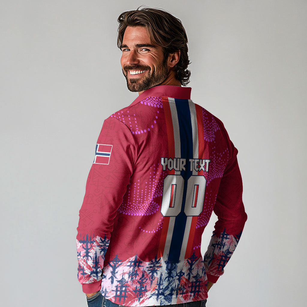Personalized Norway Football Long Sleeve Polo Shirt Viking Lion Soccer Mascot - Nordic Longship And Mountain Landscape
