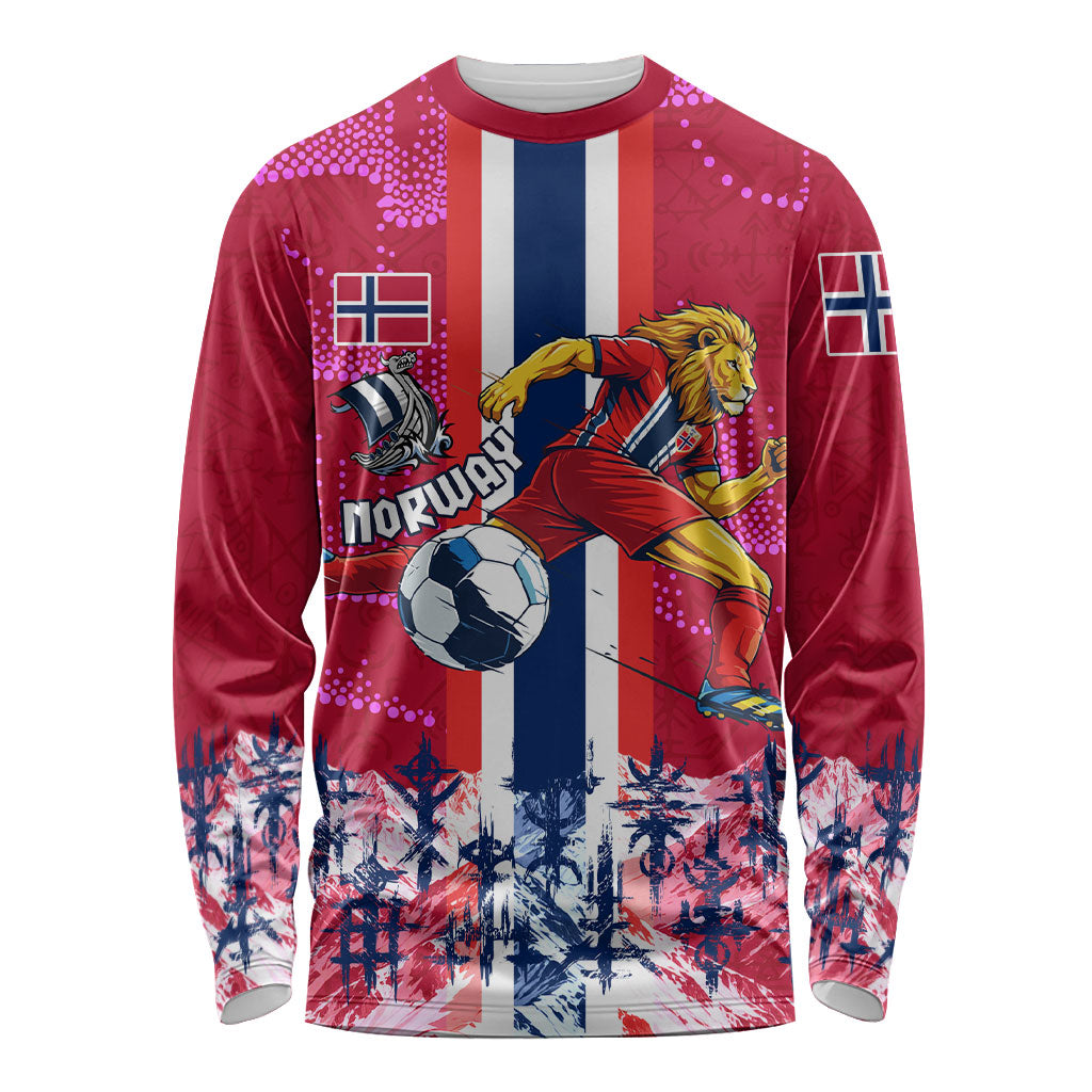 Personalized Norway Football Long Sleeve Shirt Viking Lion Soccer Mascot - Nordic Longship And Mountain Landscape