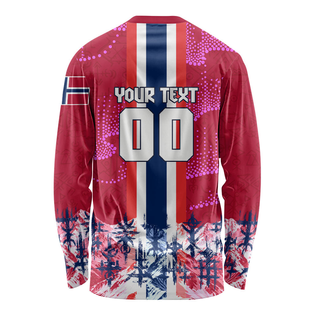 Personalized Norway Football Long Sleeve Shirt Viking Lion Soccer Mascot - Nordic Longship And Mountain Landscape