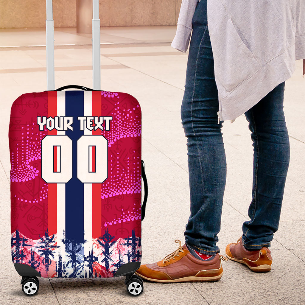 Personalized Norway Football Luggage Cover Viking Lion Soccer Mascot - Nordic Longship And Mountain Landscape