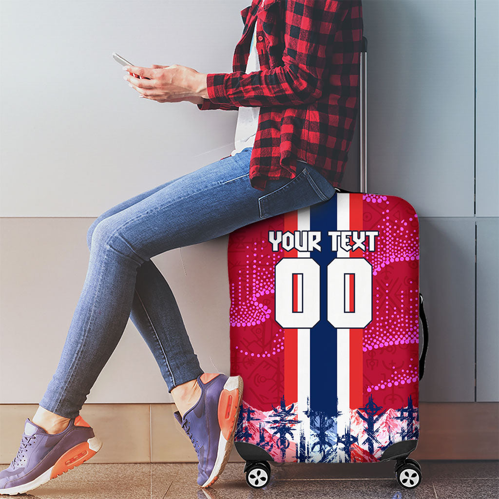 Personalized Norway Football Luggage Cover Viking Lion Soccer Mascot - Nordic Longship And Mountain Landscape