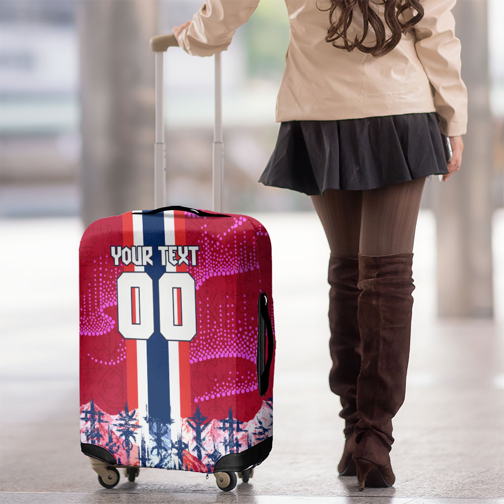 Personalized Norway Football Luggage Cover Viking Lion Soccer Mascot - Nordic Longship And Mountain Landscape