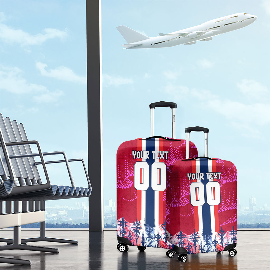 Personalized Norway Football Luggage Cover Viking Lion Soccer Mascot - Nordic Longship And Mountain Landscape