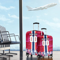 Personalized Norway Football Luggage Cover Viking Lion Soccer Mascot - Nordic Longship And Mountain Landscape