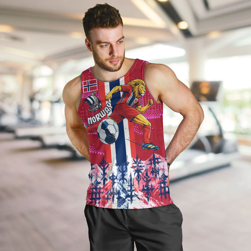 Personalized Norway Football Men Tank Top Viking Lion Soccer Mascot - Nordic Longship And Mountain Landscape