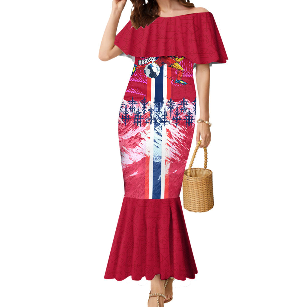 Personalized Norway Football Mermaid Dress Viking Lion Soccer Mascot - Nordic Longship And Mountain Landscape
