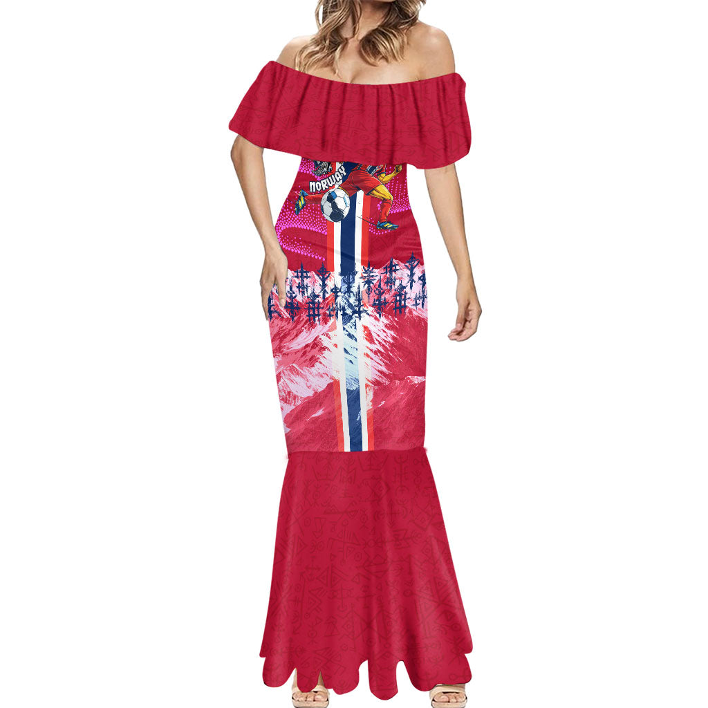 Personalized Norway Football Mermaid Dress Viking Lion Soccer Mascot - Nordic Longship And Mountain Landscape
