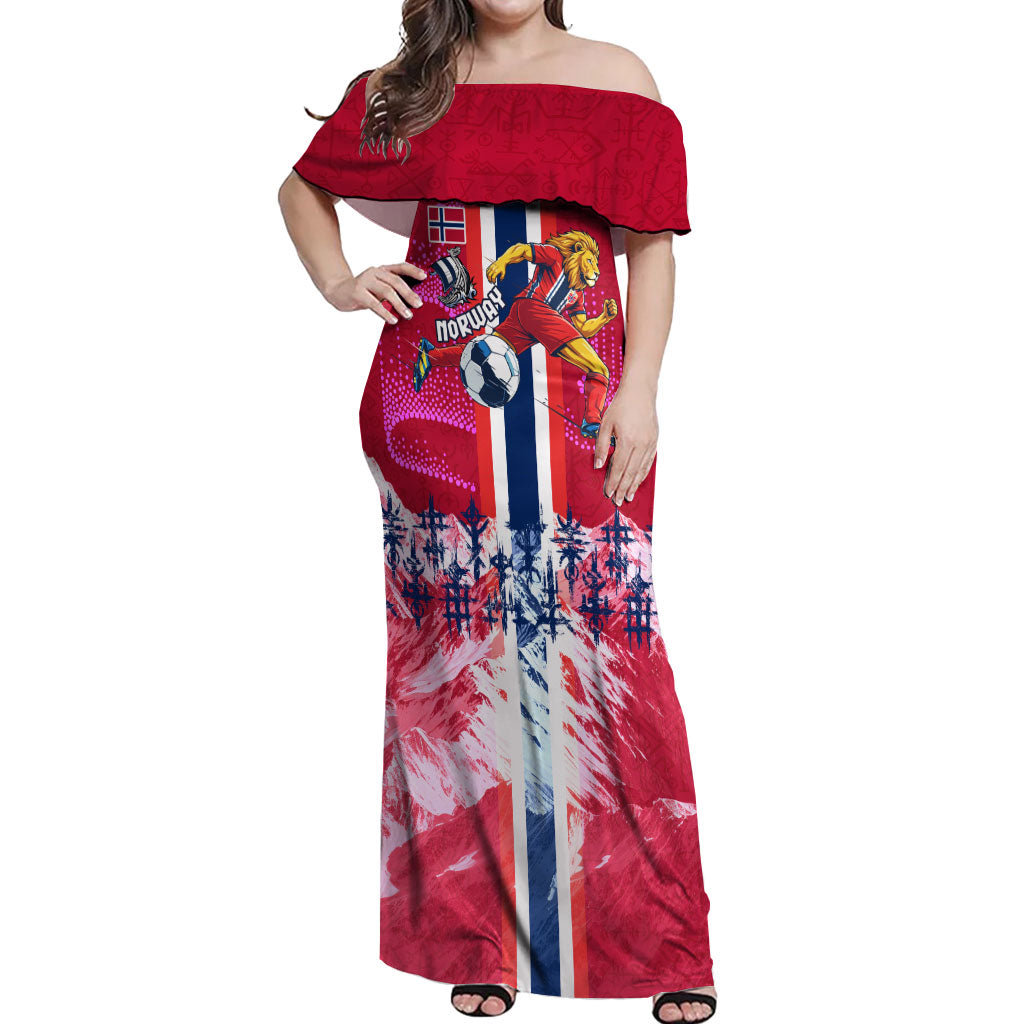 Personalized Norway Football Off Shoulder Maxi Dress Viking Lion Soccer Mascot - Nordic Longship And Mountain Landscape