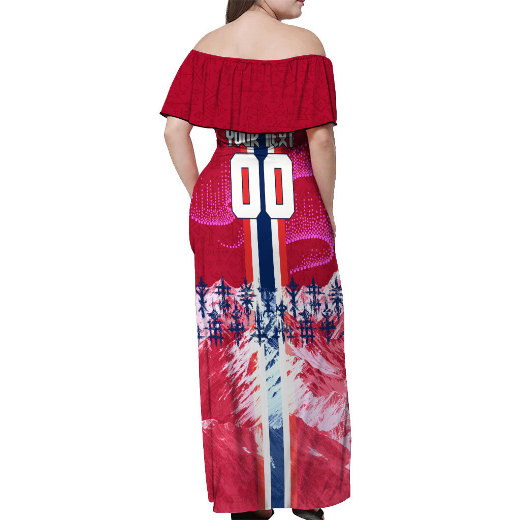 Personalized Norway Football Off Shoulder Maxi Dress Viking Lion Soccer Mascot - Nordic Longship And Mountain Landscape