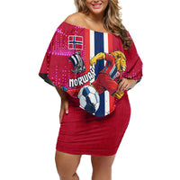 Personalized Norway Football Off Shoulder Short Dress Viking Lion Soccer Mascot - Nordic Longship And Mountain Landscape