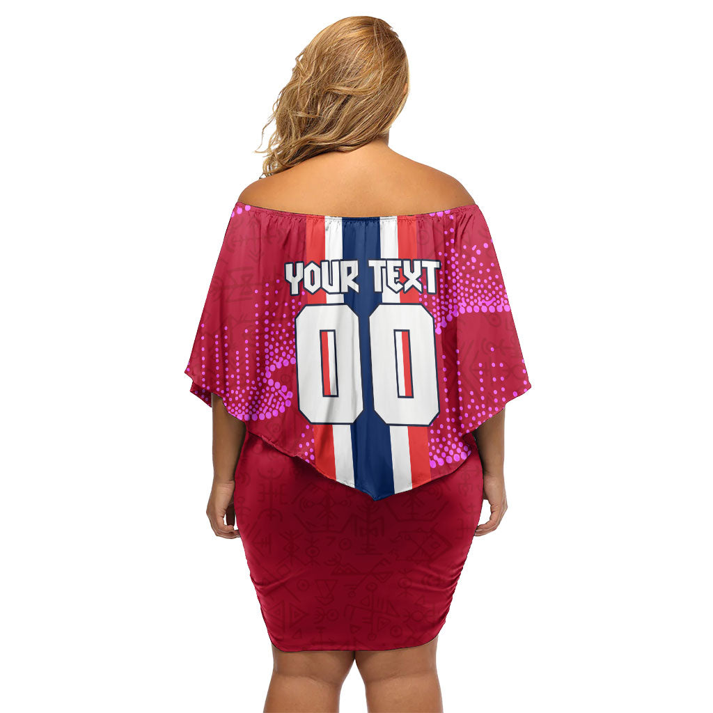 Personalized Norway Football Off Shoulder Short Dress Viking Lion Soccer Mascot - Nordic Longship And Mountain Landscape