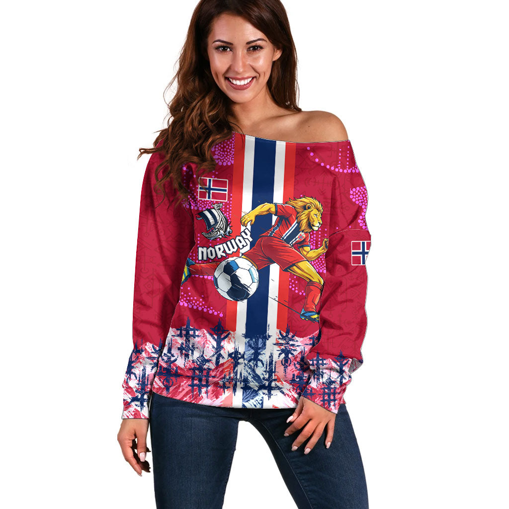 Personalized Norway Football Off Shoulder Sweater Viking Lion Soccer Mascot - Nordic Longship And Mountain Landscape