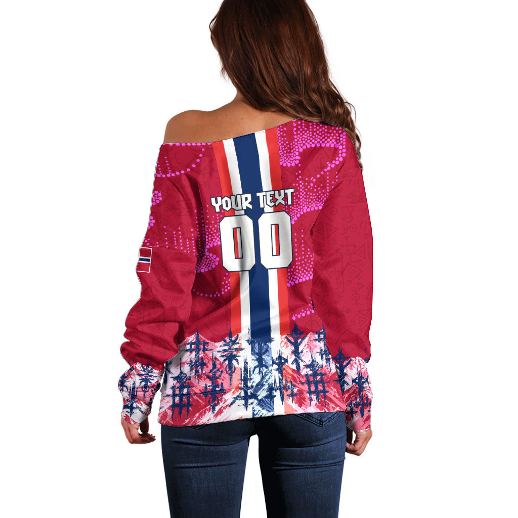 Personalized Norway Football Off Shoulder Sweater Viking Lion Soccer Mascot - Nordic Longship And Mountain Landscape