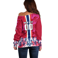Personalized Norway Football Off Shoulder Sweater Viking Lion Soccer Mascot - Nordic Longship And Mountain Landscape
