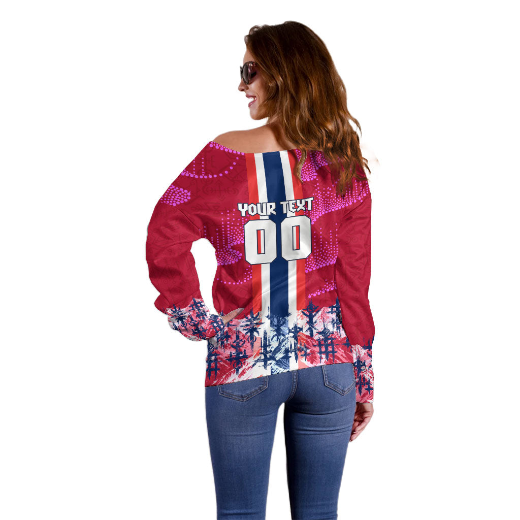 Personalized Norway Football Off Shoulder Sweater Viking Lion Soccer Mascot - Nordic Longship And Mountain Landscape