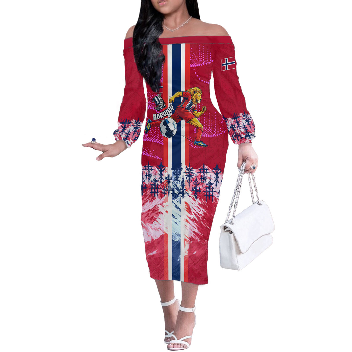 Personalized Norway Football Off The Shoulder Long Sleeve Dress Viking Lion Soccer Mascot - Nordic Longship And Mountain Landscape