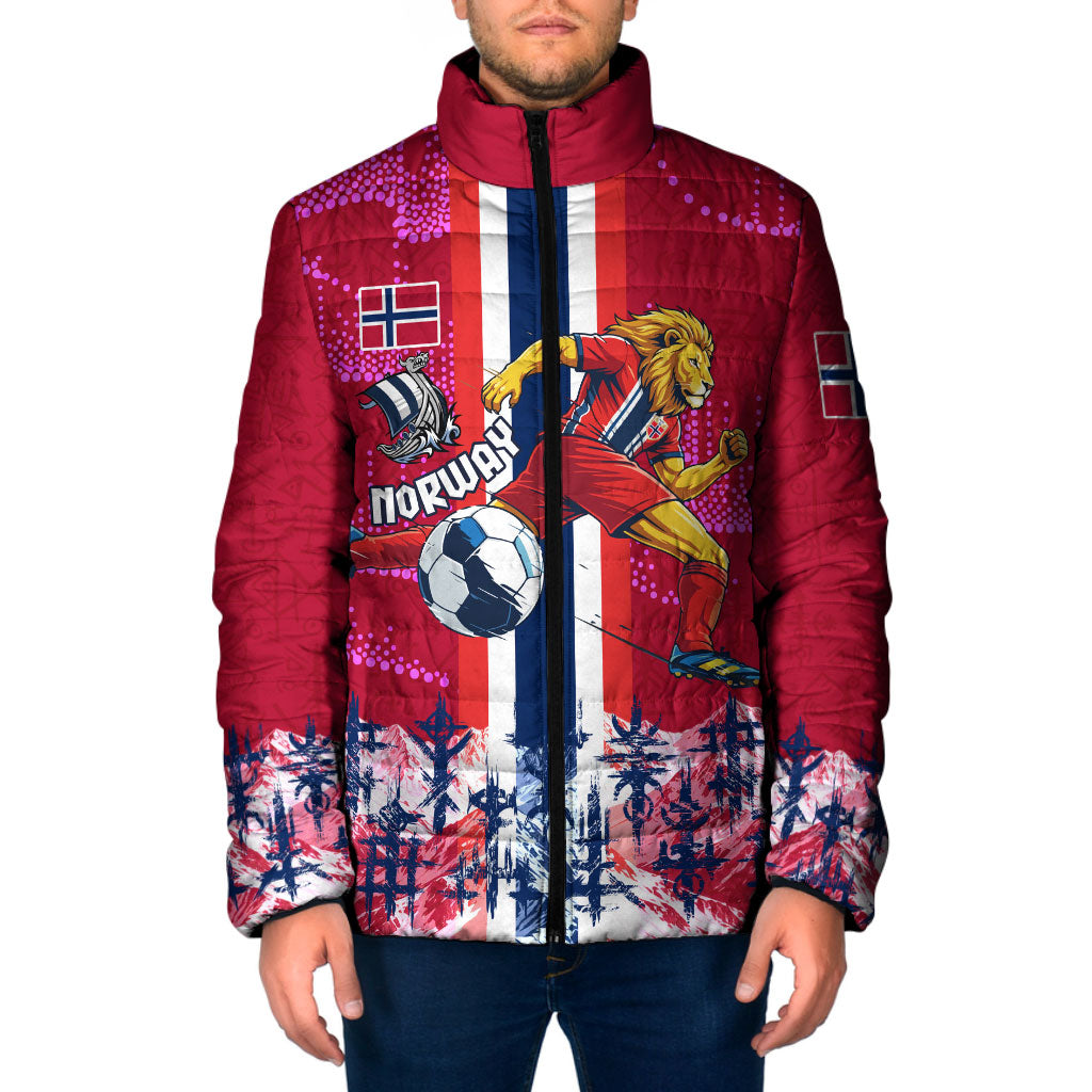 Personalized Norway Football Padded Jacket Viking Lion Soccer Mascot - Nordic Longship And Mountain Landscape