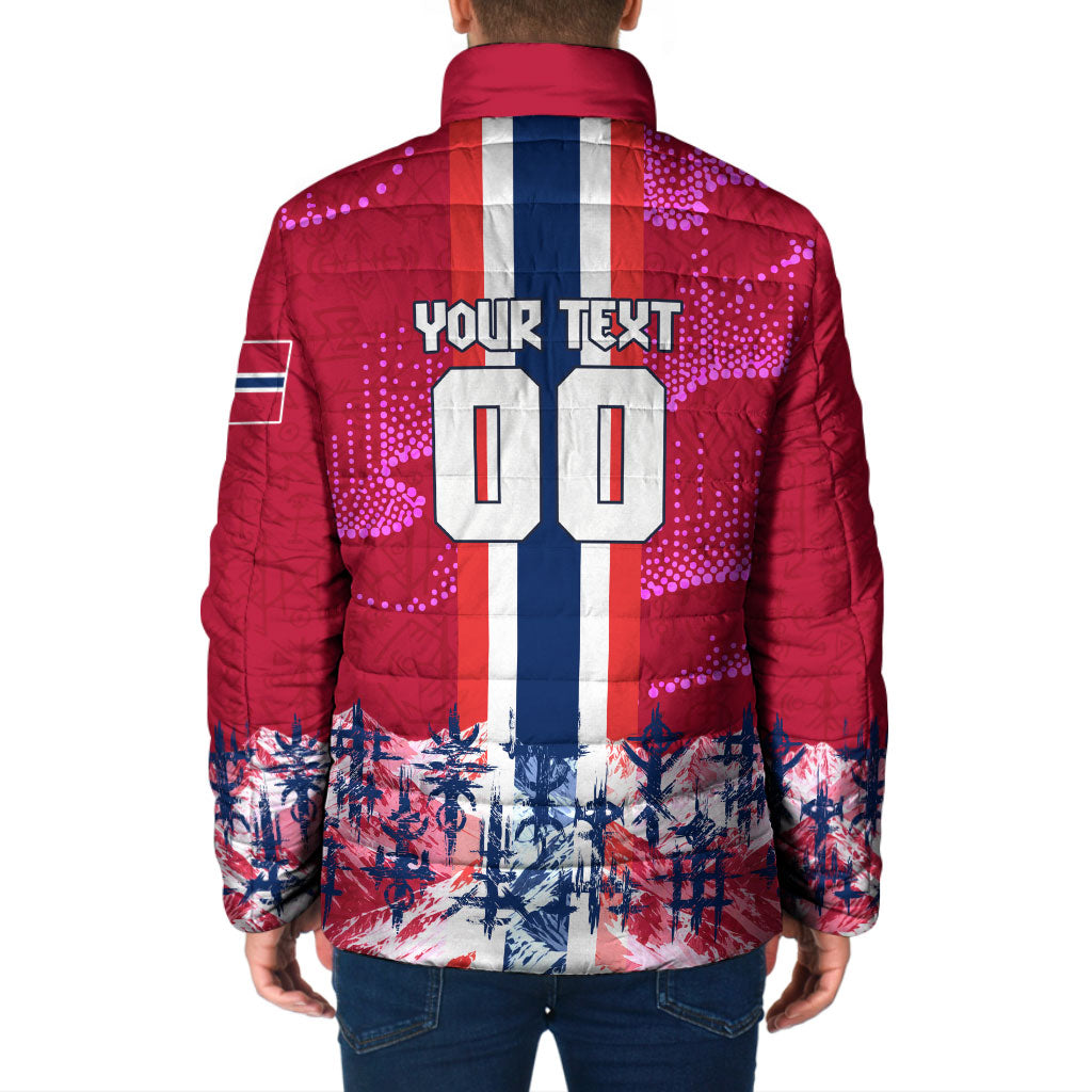 Personalized Norway Football Padded Jacket Viking Lion Soccer Mascot - Nordic Longship And Mountain Landscape