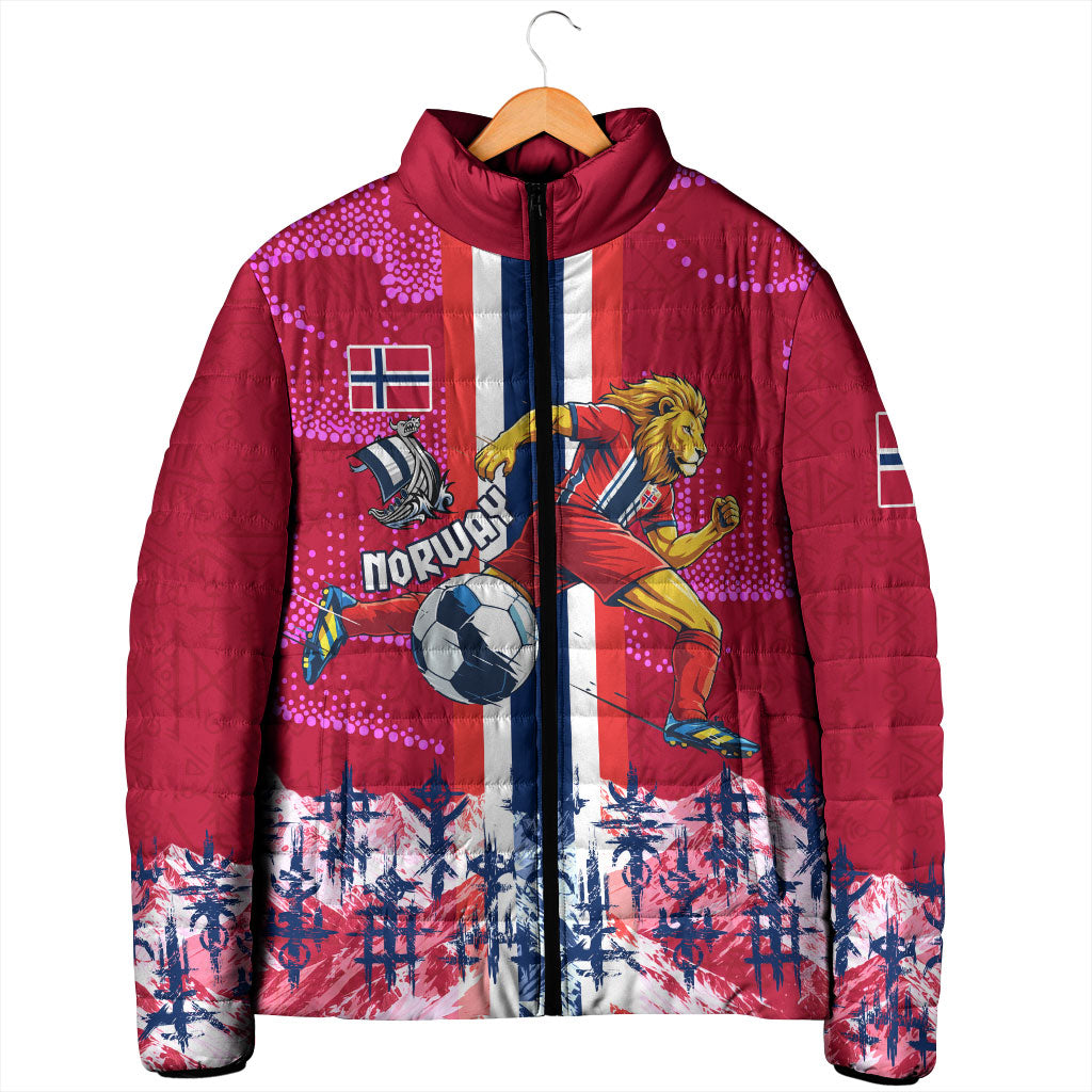 Personalized Norway Football Padded Jacket Viking Lion Soccer Mascot - Nordic Longship And Mountain Landscape