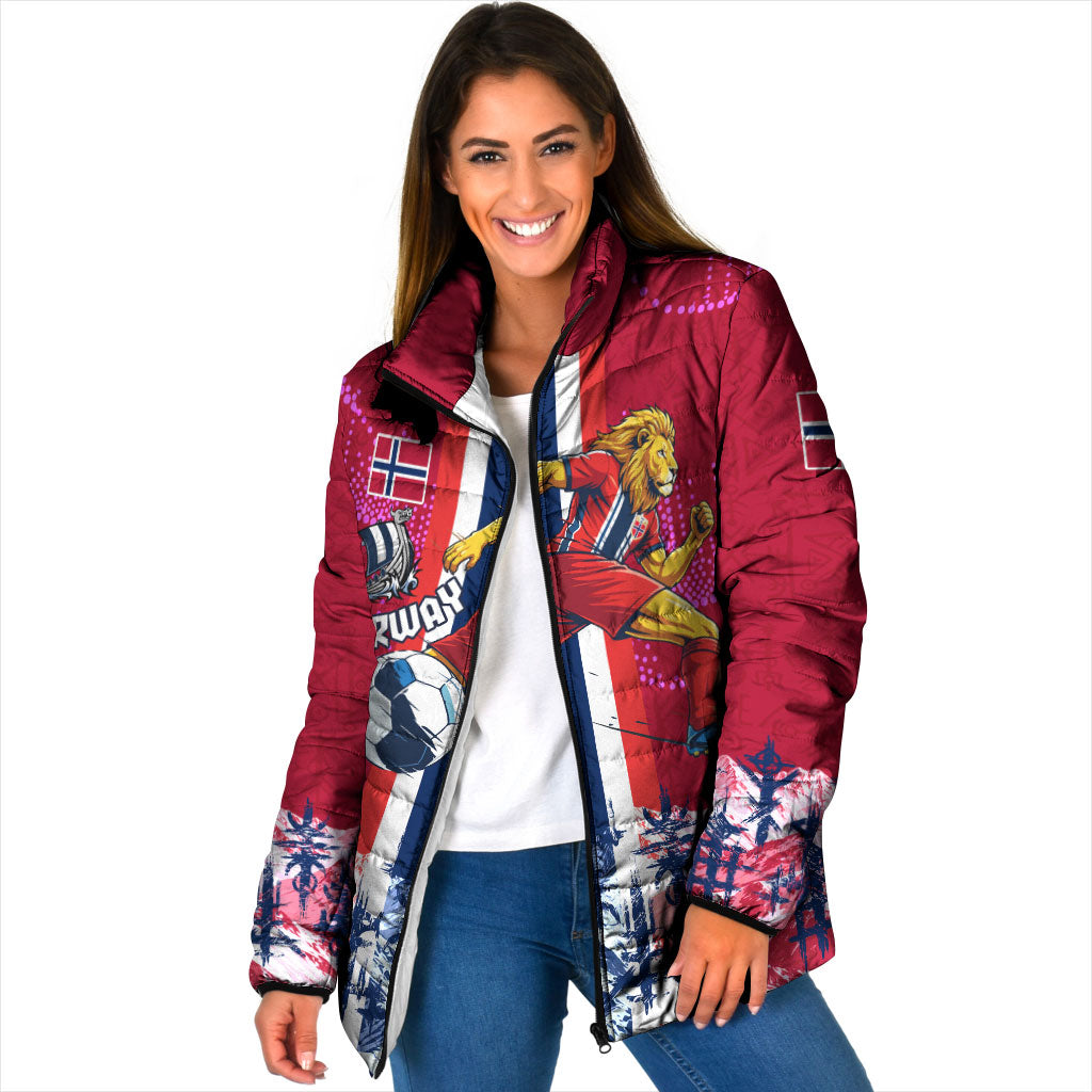 Personalized Norway Football Padded Jacket Viking Lion Soccer Mascot - Nordic Longship And Mountain Landscape