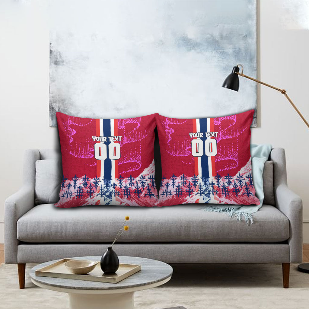 Personalized Norway Football Pillow Cover Viking Lion Soccer Mascot - Nordic Longship And Mountain Landscape